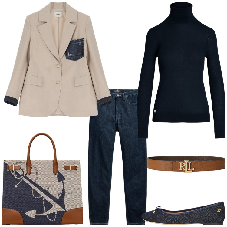 Outfit donna - Casual chic. Stile Casual chic per Tutti i giorni. Abbinamento con blazer, cinture, maglieria, jeans, borse tote, ballerine.