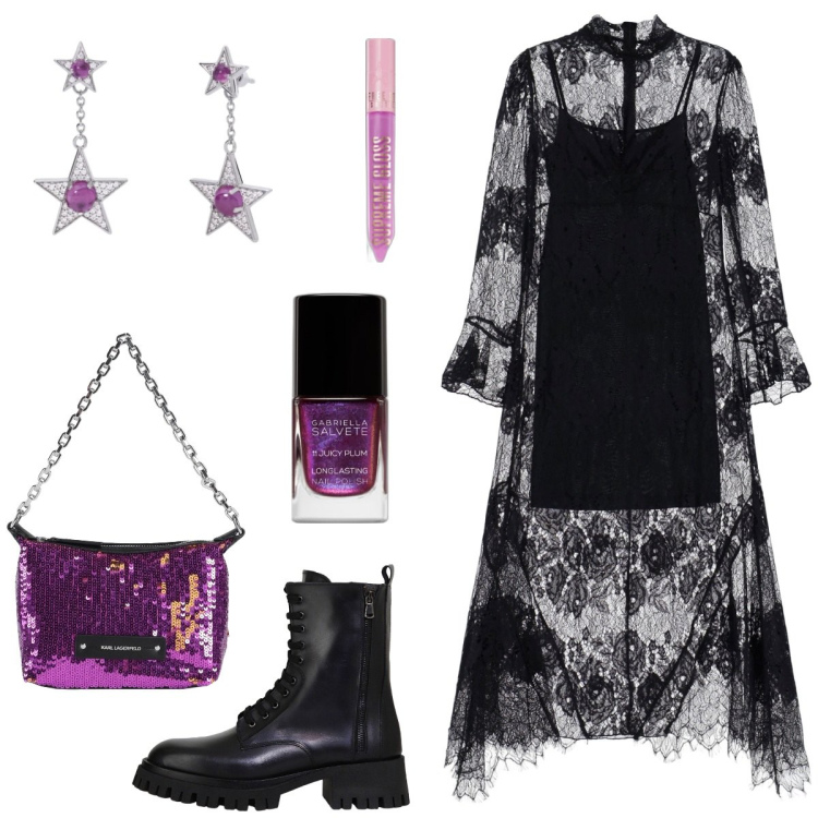 Outfit donna - Serata rock. Stile Rock per Serata fuori. Abbinamento con borse a mano, gloss, smalti, orecchini, vestiti lunghi, stivali.