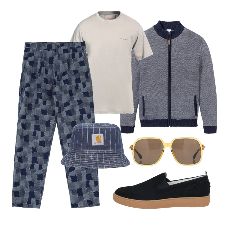 Outfit uomo - Pattern geometrico!. Stile Urban per Tutti i giorni. Abbinamento con cardigans, occhiali da sole, sneakers, t-shirt, pantaloni cargo, cappelli.