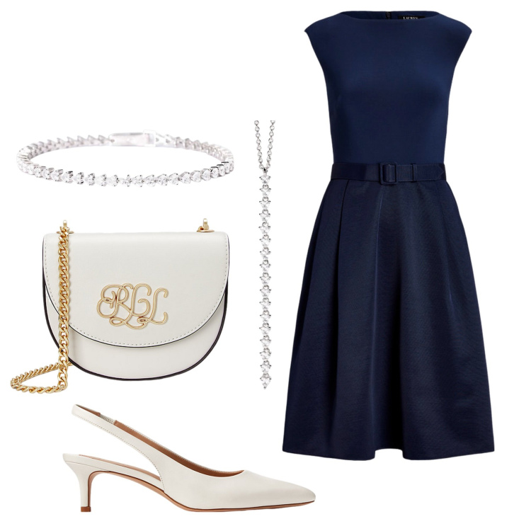 Outfit donna - Bon ton. Stile Bon Ton per Serata fuori. Abbinamento con ciondoli, braccialetti, décolleté, vestiti, borse a tracolla.