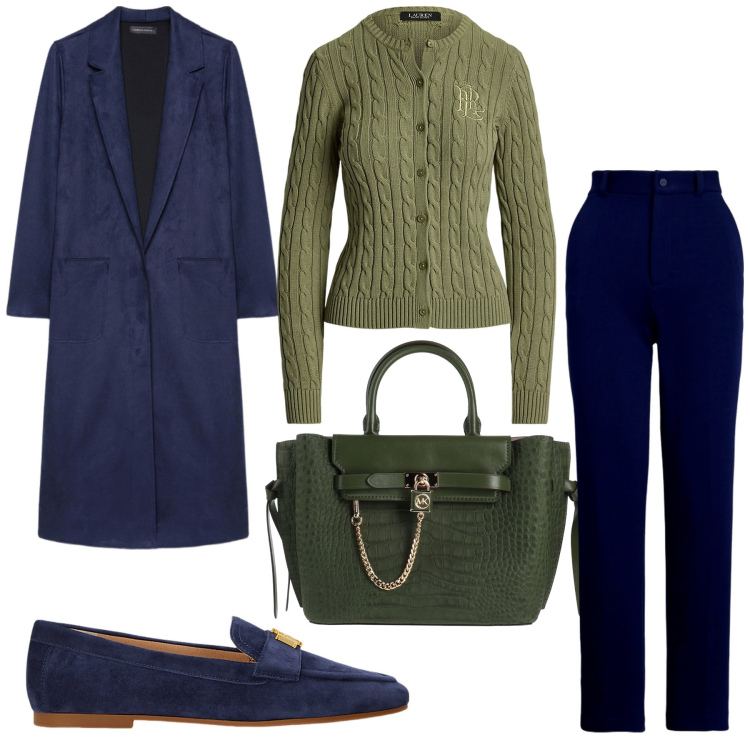 Outfit donna - Classica. Stile Chic per Ufficio. Abbinamento con borse a mano, pantaloni, mocassini, cardigans, trench.