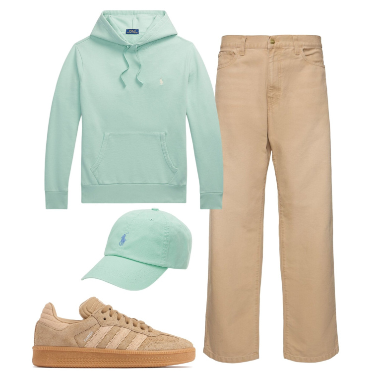 Outfit uomo - Total look #2059828. Stile Casual per Tutti i giorni. Abbinamento con cappelli, felpe con cappuccio, pantaloni, sneakers.