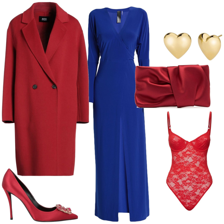 Outfit donna - Uno spacco sensuale. Stile Sexy per Serata fuori. Abbinamento con cappotti, décolleté, vestiti lunghi, orecchini, body, pochette.