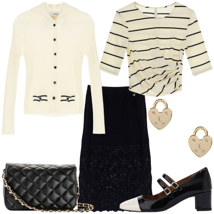 Outfit donna - Bon ton da mattina a sera. Stile Bon Ton per Tutti i giorni. Abbinamento con borse a tracolla, t-shirt, décolleté, gonne, cardigans, orecchini.