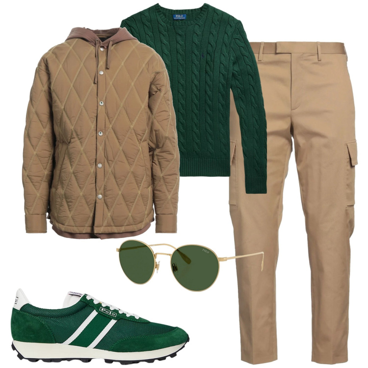 Outfit uomo - Total look #2059832. Stile Trendy per Tutti i giorni. Abbinamento con giacche, pantaloni cargo, maglieria, occhiali da sole, sneakers.