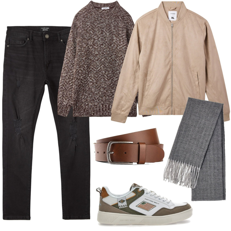 Outfit uomo - Le sneakers multicolor. Stile Casual per Tutti i giorni. Abbinamento con cinture, bomber, jeans strappati, maglieria, sciarpe, sneakers.