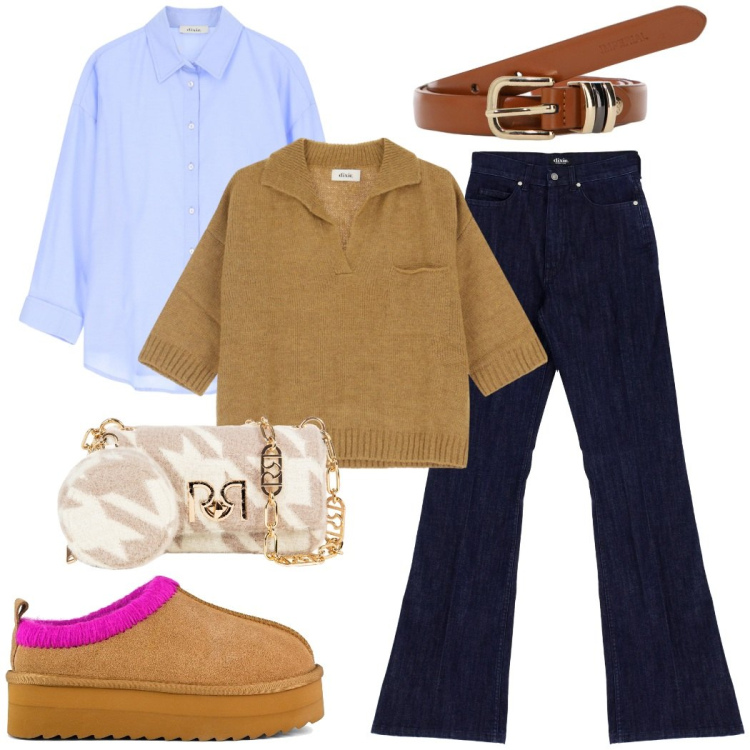 Outfit donna - Casual con stile. Stile Casual chic per Tutti i giorni. Abbinamento con borse a tracolla, cinture, camicie, jeans, maglieria, sabot.