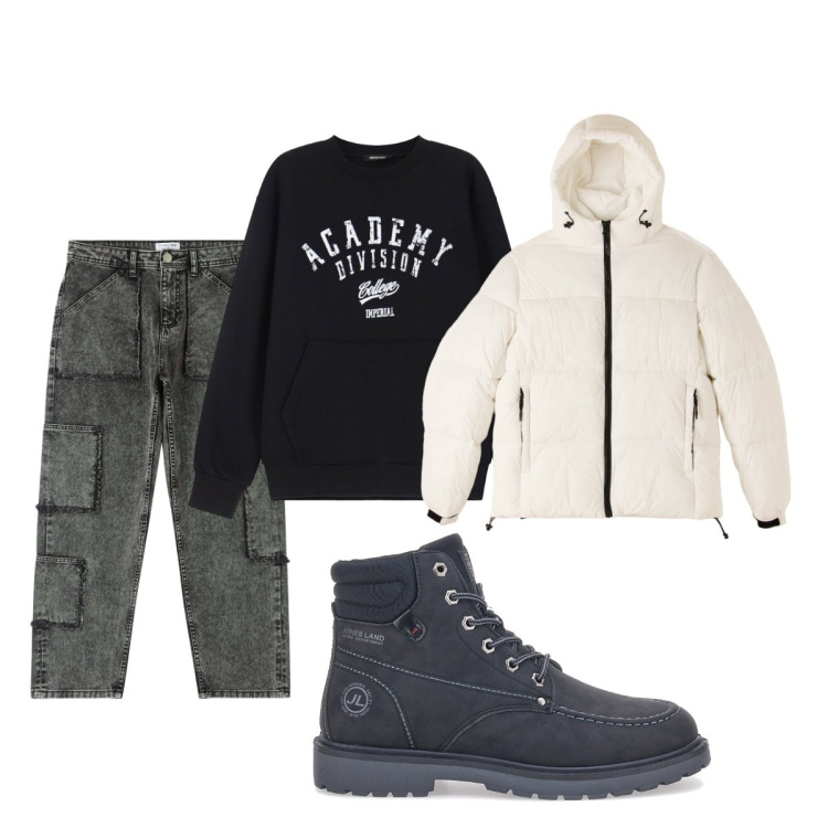 Outfit uomo - Total look #2059849. Stile Casual per Tutti i giorni. Abbinamento con piumini, jeans, felpe, stivali e stivaletti.