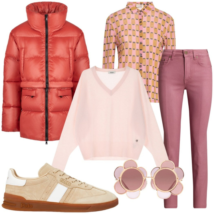 Outfit donna - Inverno a colori. Stile Urban per Tutti i giorni. Abbinamento con occhiali da sole, camicie, pullovers, sneakers, jeans dritti, piumini.