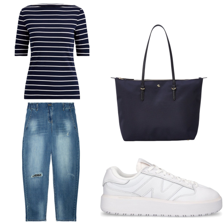 Outfit donna - Aperitivo. Stile Trendy per Tutti i giorni. Abbinamento con borse tote, maglieria, jeans dritti, sneakers.