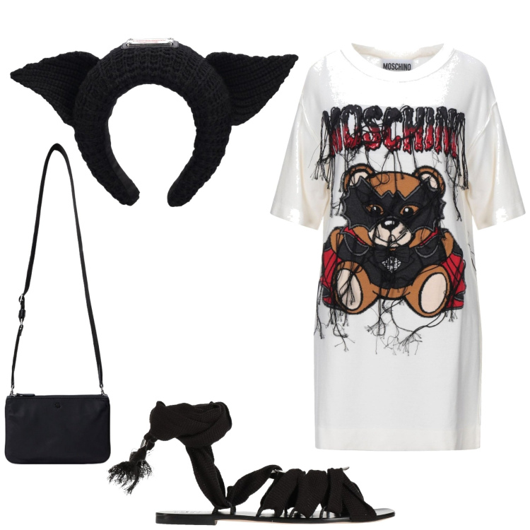 Outfit donna - Cartoon couture. Stile Casual per Tutti i giorni. Abbinamento con infradito, vestiti corti, borse a tracolla, accessori per capelli.