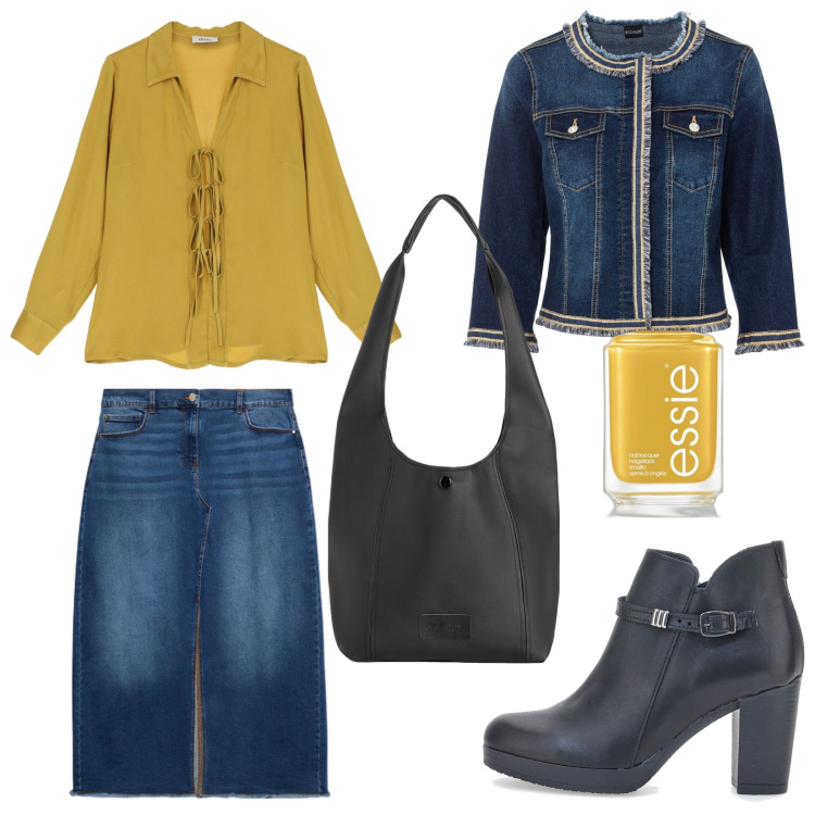 Outfit donna - Total look #2059874. Stile Trendy per Ufficio. Abbinamento con blazer, smalti, borse a spalla, camicie, stivaletti, gonne lunghe.