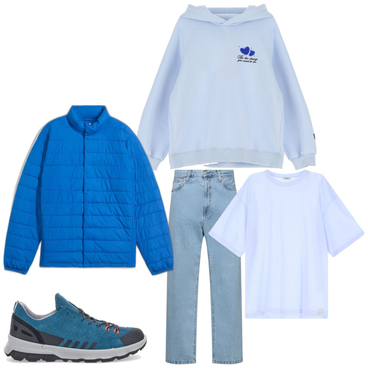Outfit uomo - Ghiaccio. Stile Casual per Tutti i giorni. Abbinamento con giacche, t-shirt, felpe con cappuccio, stivali e stivaletti, jeans.