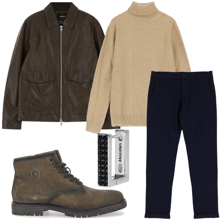 Outfit uomo - Maglioni a collo alto. Stile Trendy per Ufficio. Abbinamento con orecchini, giacche, maglieria, pantaloni, stivali e stivaletti.