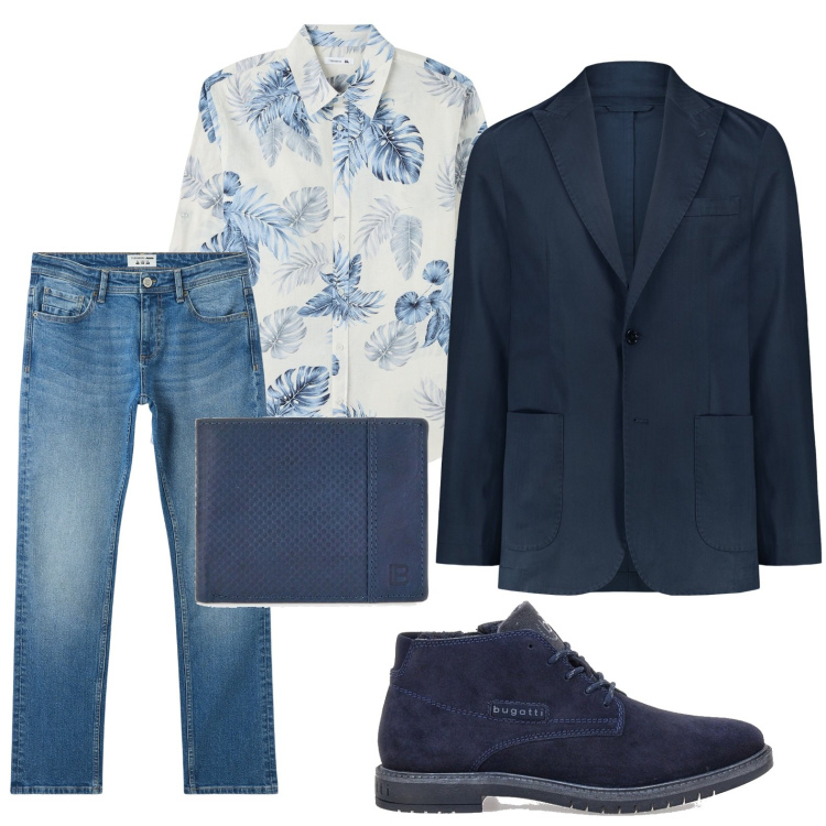 Outfit uomo - Pattern geometrici. Stile Trendy per Ufficio. Abbinamento con camicie, jeans, portafogli, giacche, scarpe stringate.