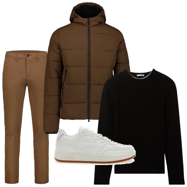 Outfit uomo - Comfort e raffinato. Stile Urban per Ufficio. Abbinamento con maglieria, pantaloni chino, sneakers, piumini.