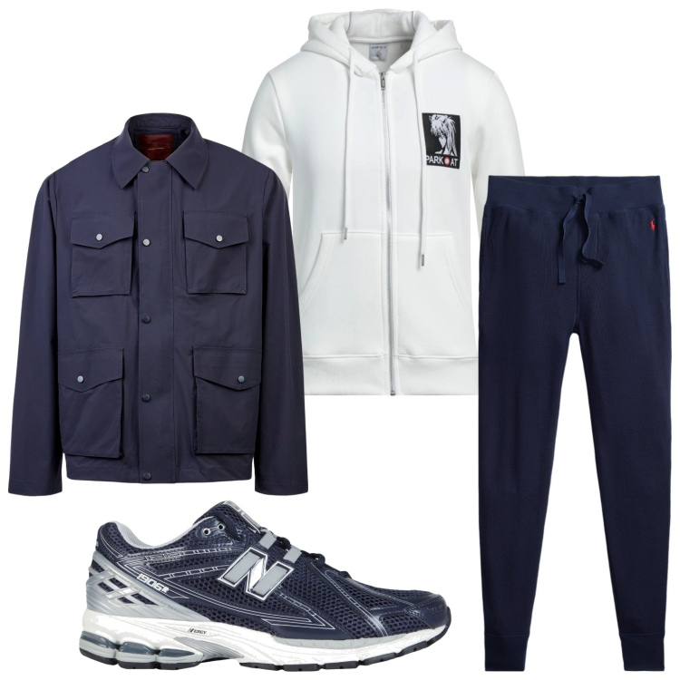 Outfit uomo - Comodo. Stile Urban per Tutti i giorni. Abbinamento con felpe con cappuccio, sneakers, pantaloni, giacche.