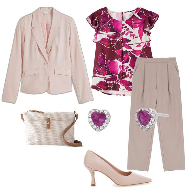 Outfit donna - Cerimonia inaugurale. Stile Casual chic per Cerimonia. Abbinamento con blazer, borse a tracolla, bluse, orecchini, pantaloni, décolleté.