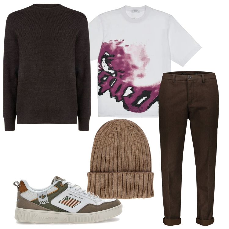 Outfit uomo - Minimal. Stile Trendy per Tutti i giorni. Abbinamento con t-shirt, maglieria, sneakers, pantaloni, berretti.