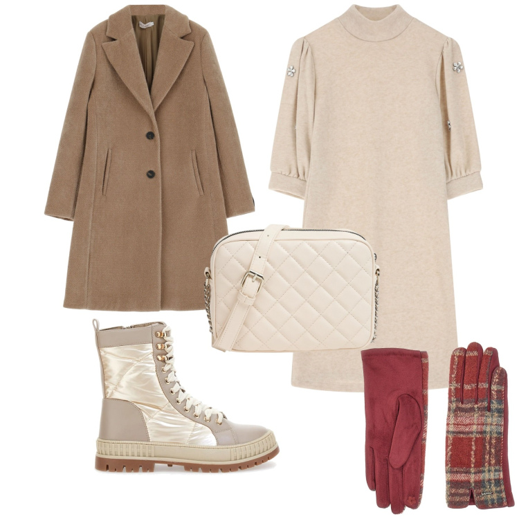 Outfit donna - L\'abito in maglia. Stile Casual per Ufficio. Abbinamento con borse a tracolla, cappotti, vestiti corti, stivaletti, guanti.