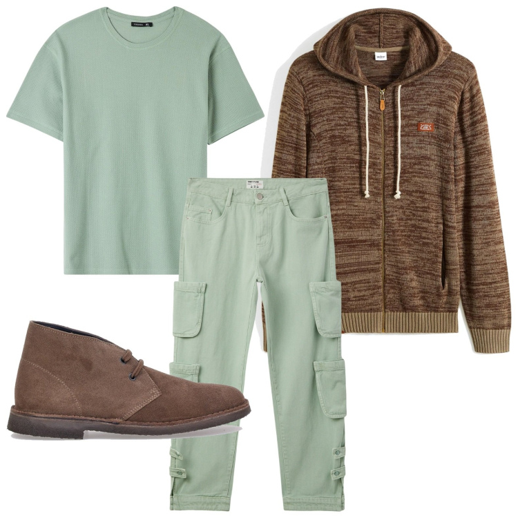 Outfit uomo - Cargo verde acqua. Stile Urban per Tutti i giorni. Abbinamento con cardigans, jeans, t-shirt, scarpe stringate.
