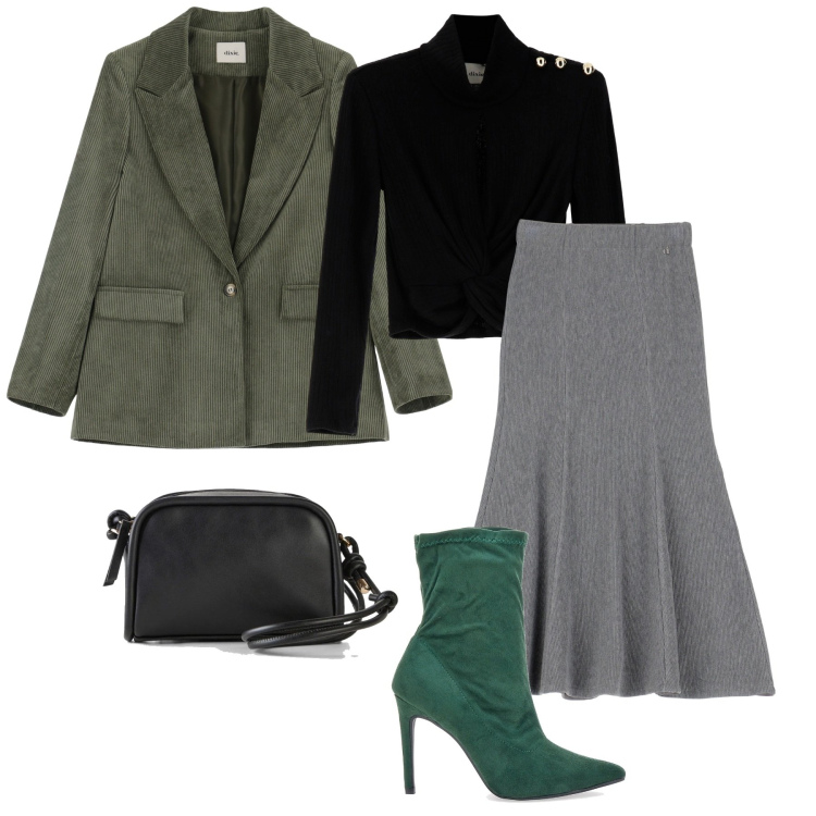Outfit donna - Military. Stile Military per Serata fuori. Abbinamento con borse a tracolla, gonne lunghe, blazer, maglieria, stivaletti.