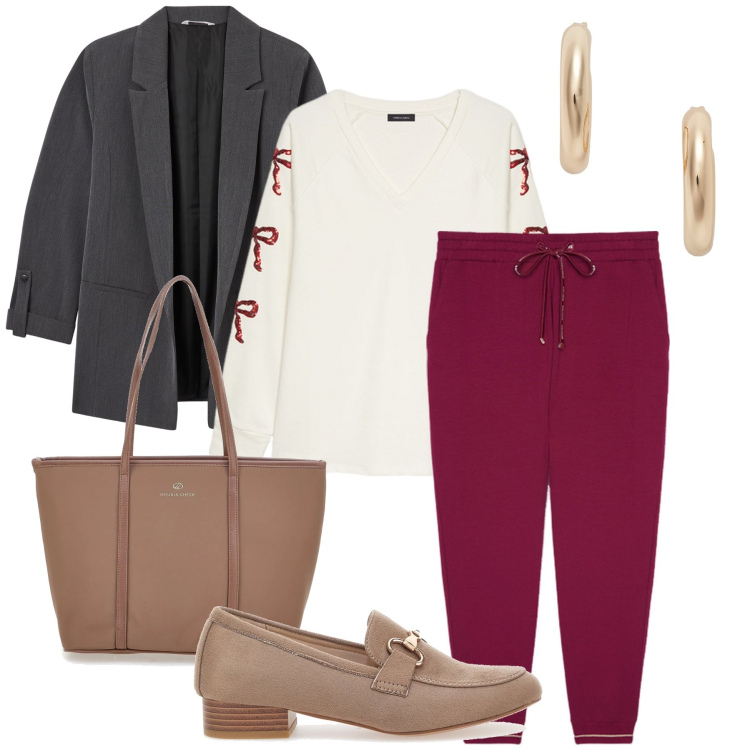 Outfit donna - La maglia con i fiocchetti. Stile Bon Ton per Ufficio. Abbinamento con blazer, orecchini, mocassini, felpe, pantaloni, borse a spalla.