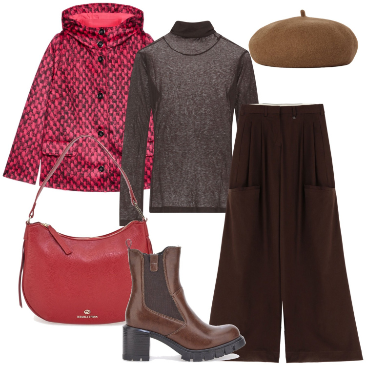 Outfit donna - Il giubbotto a fantasia. Stile Trendy per Tutti i giorni. Abbinamento con pantaloni a palazzo, maglieria, stivaletti, cappelli e berretti, blazer, borse a tracolla.