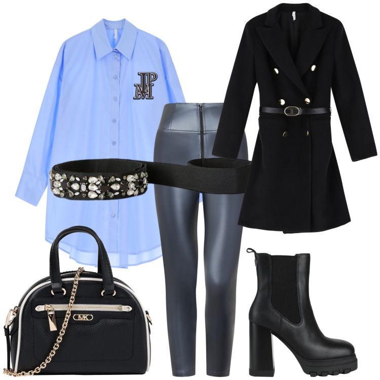 Outfit donna - W le cinture. Stile Urban per Ufficio. Abbinamento con stivaletti chelsea, borse a mano, camicie, cappotti, pantaloni skinny, cinture.
