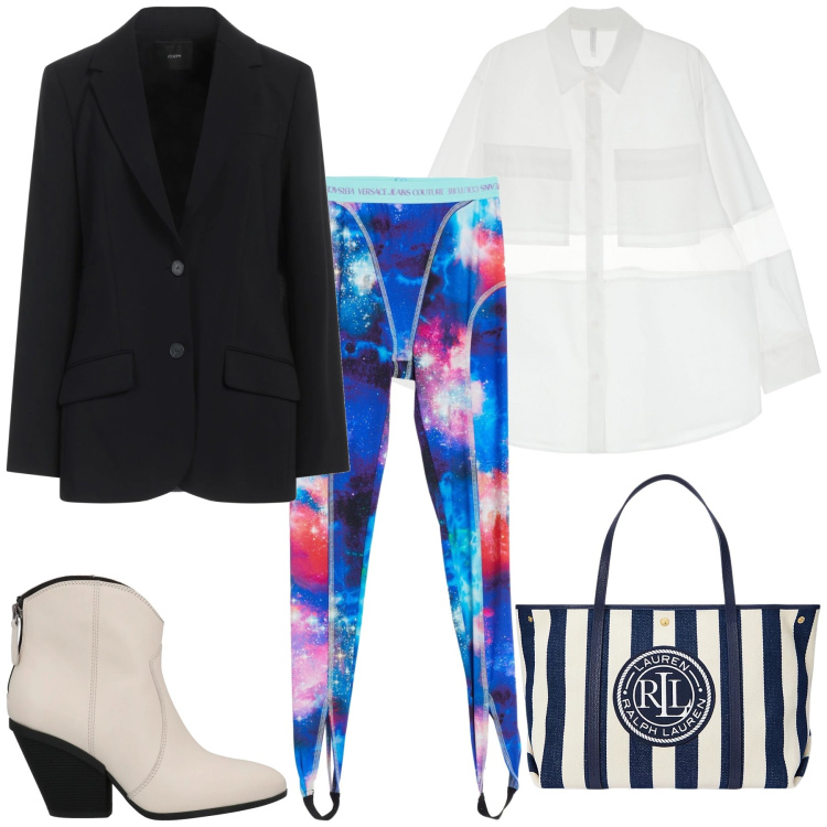 Outfit donna - Il legging particolare sotto la camicia. Stile Trendy per Tutti i giorni. Abbinamento con stivaletti texani, leggings, blazer, camicie, borse tote.