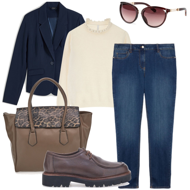 Outfit donna - In ufficio. Stile Casual chic per Ufficio. Abbinamento con blazer, occhiali da sole, maglieria, jeans skinny, borse a mano, scarpe stringate.