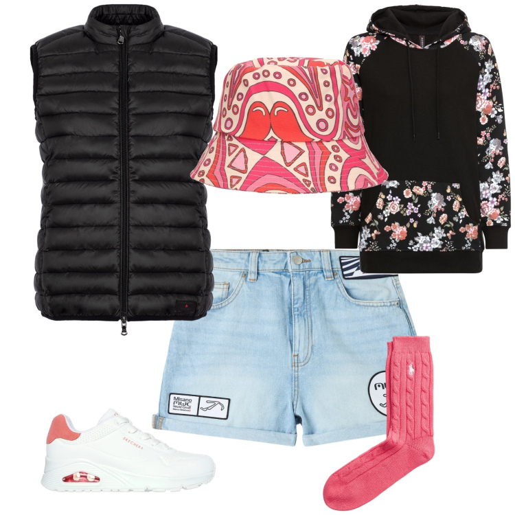 Outfit donna - I primi shorts di stagione. Stile Casual per Tutti i giorni. Abbinamento con felpe con cappuccio, shorts, calzini, piumini, sneakers, cappelli.