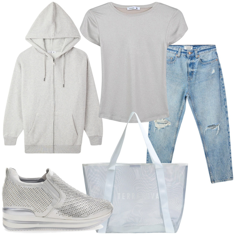 Outfit donna - E sia grigio. Stile Casual per Tutti i giorni. Abbinamento con t-shirt, jeans mom, shopping bag, felpe con cappuccio, sneakers.