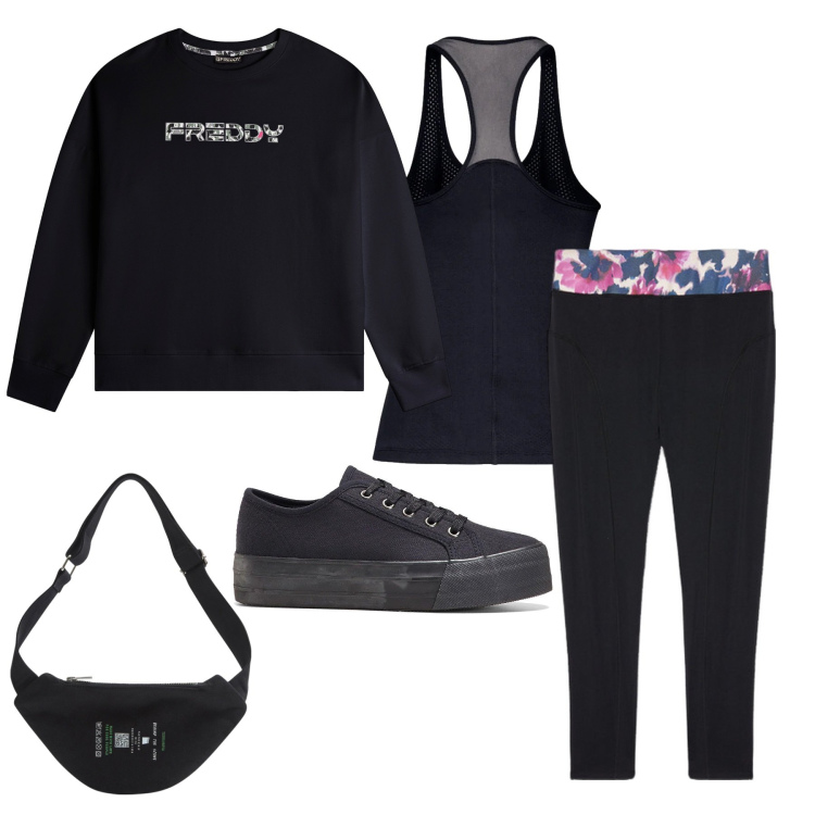 Outfit donna - In forma. Stile Basic per Sport. Abbinamento con sneakers, marsupi, felpe con cappuccio, canottiere, leggings.
