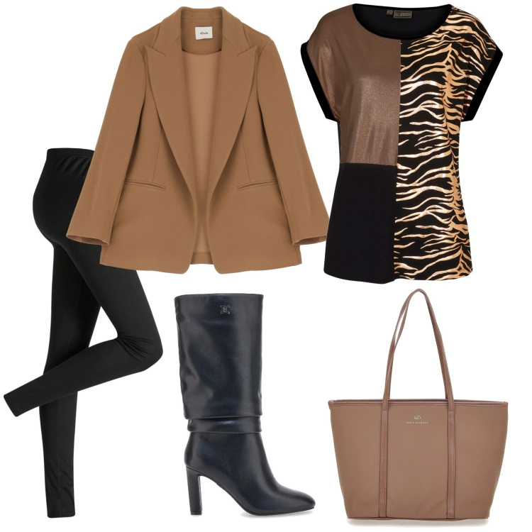 Outfit donna - Easy. Stile Casual chic per Tutti i giorni. Abbinamento con leggings, maglieria, blazer, stivali, borse a spalla.