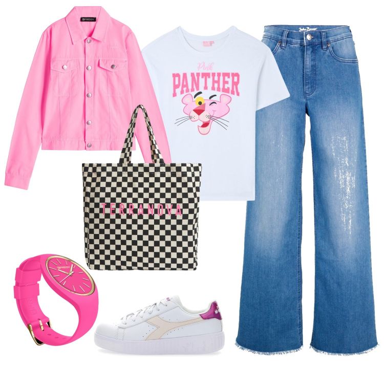 Outfit donna - La pantera rosa. per Tutti i giorni. Abbinamento con jeans, blazer, orologi, t-shirt, sneakers, shopping bag.