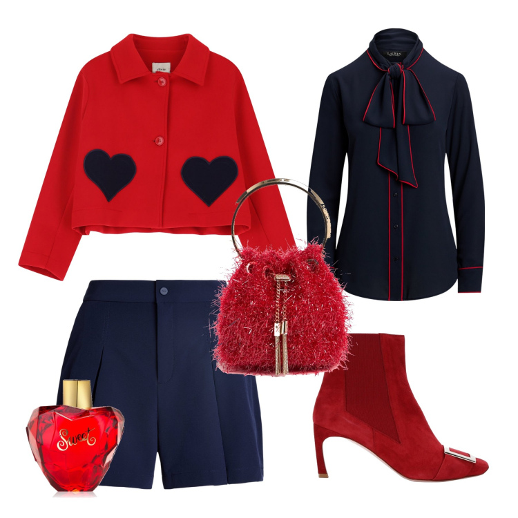 Outfit donna - The power of love. Stile Glamour per Serata fuori. Abbinamento con stivaletti, profumi, minigonne, camicie, blazer, borse a spalla.