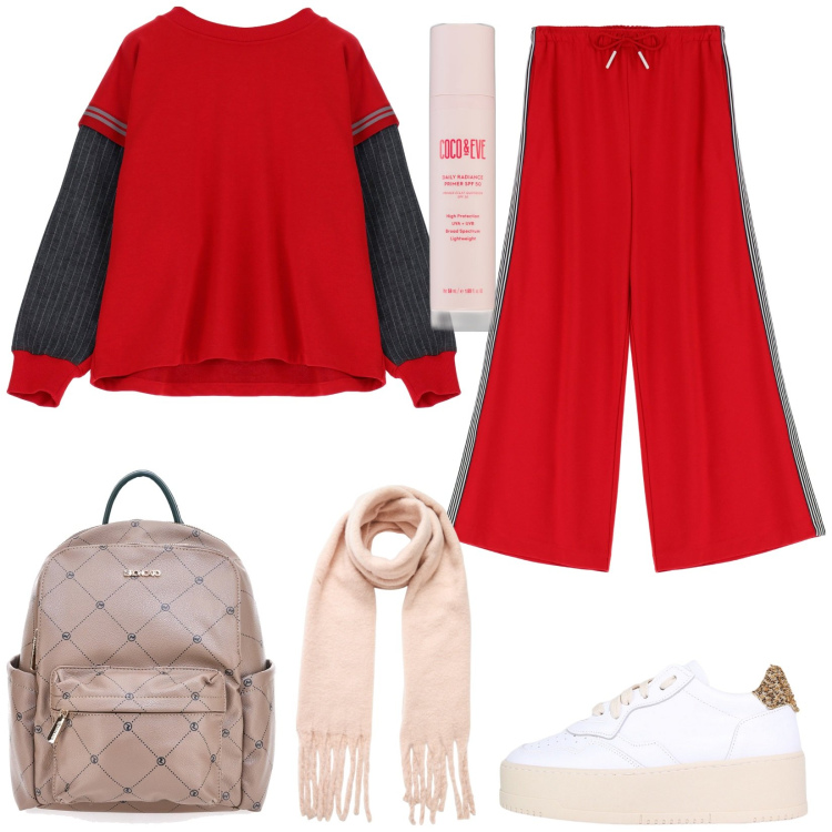 Outfit donna - Il potere del rosso. Stile Urban per Tutti i giorni. Abbinamento con primer, sciarpe, pantaloni, felpe, sneakers, zaini.