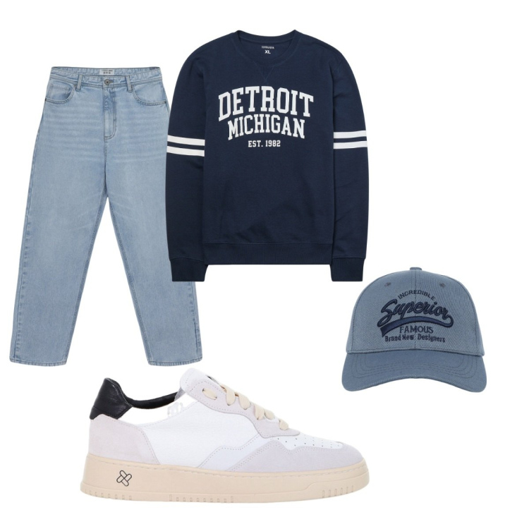 Outfit uomo - Total look #2059985. Stile Casual per Tutti i giorni. Abbinamento con cappelli con visiera, felpe, jeans, sneakers.