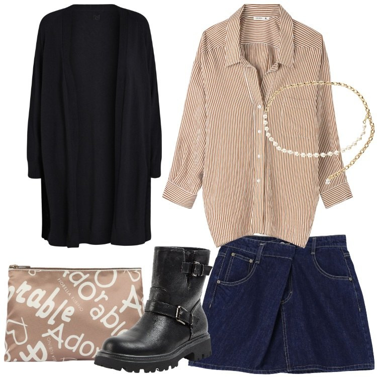 Outfit donna - Camicia oversize e minigonna. Stile Trendy per Tutti i giorni. Abbinamento con stivaletti, camicie, minigonne, collane, cardigans, pochette.