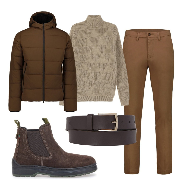 Outfit uomo - Total look #2059990. Stile Trendy per Tutti i giorni. Abbinamento con maglieria, piumini, cinture, pantaloni chino, stivali e stivaletti.