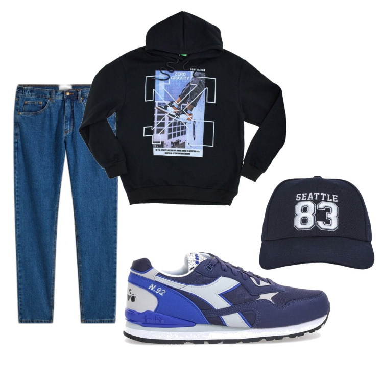Outfit uomo - Total look #2059992. Stile Casual per Tutti i giorni. Abbinamento con jeans dritti, cappelli, sneakers, felpe con cappuccio.
