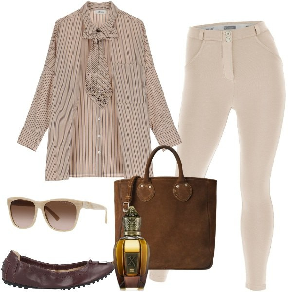 Outfit donna - La camicia oversize passepartout. Stile Urban per Tutti i giorni. Abbinamento con ballerine, profumi, pantaloni skinny, camicie, occhiali da sole, borse tote.