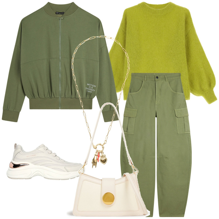 Outfit donna - Total look #2059995. Stile Boho per Tutti i giorni. Abbinamento con borse a spalla, felpe, pantaloni cargo, ciondoli, maglieria, sneakers.