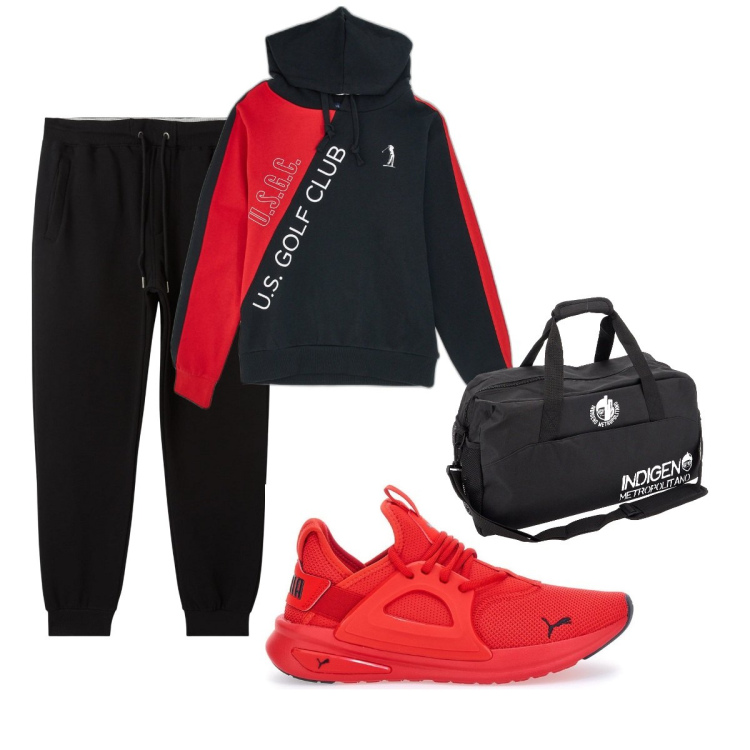 Outfit uomo - Total look #2059996. Stile Casual per Sport. Abbinamento con pantaloni, borse sportive, sneakers, felpe con cappuccio.