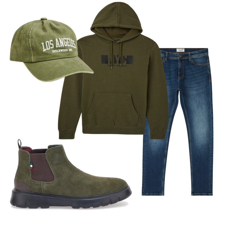 Outfit uomo - Total look #2059998. Stile Casual per Tutti i giorni. Abbinamento con jeans skinny, cappelli, felpe con cappuccio, stivali e stivaletti.