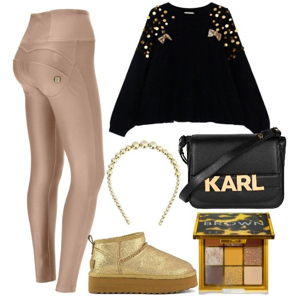 Outfit donna - Dettagli metallici per brillare - Focus. Stile Urban per Tutti i giorni. Abbinamento con borse a tracolla, ombretti, pantaloni skinny, maglieria, cerchietti, stivaletti.