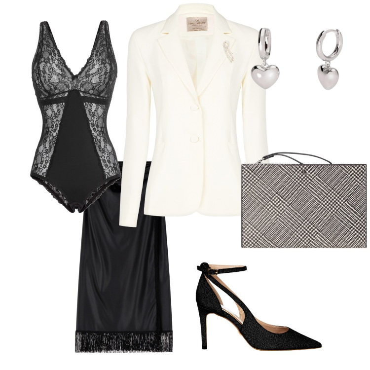 Outfit donna - Love. Stile Chic per Serata fuori. Abbinamento con body, orecchini, blazer, décolleté, gonne longuette, pochette.
