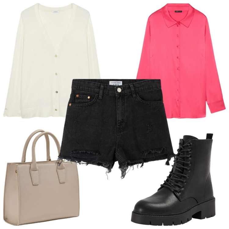 Outfit donna - La camicia oversize e short neri. Stile Trendy per Tutti i giorni. Abbinamento con shorts, anfibi, shopping bag, cardigans, camicie.