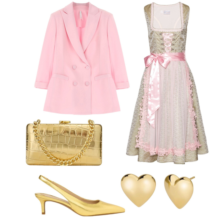 Outfit donna - Pink and gold Valentine’s day. Stile Bon Ton per Serata fuori. Abbinamento con vestiti, orecchini, blazer, clutch, décolleté.